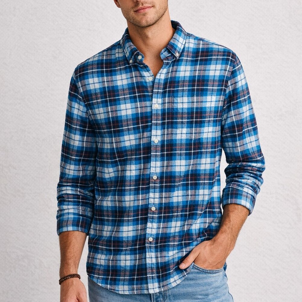 American Eagle Men's Large L Blue Plaid Check Seriously Soft Button Up‎ Shirt
